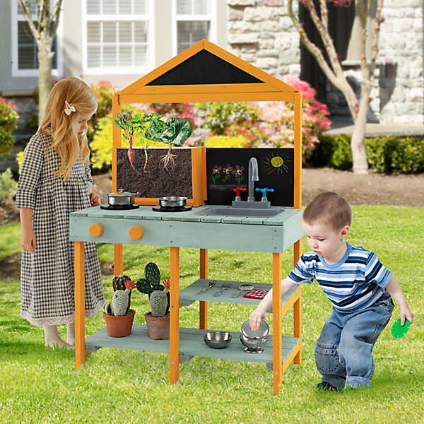 Cuisine extérieur en bois pour enfant,avec 2 tableaux noirs, jardinière transparente, 2 etagères inférieures (vert)
