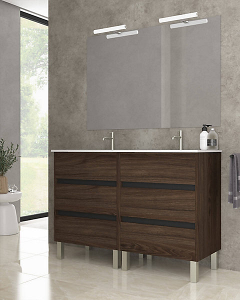 Ensemble de salle de bain meuble 120cm STAY THREE EDGE bois foncé - Vasque en céramique - Miroir sur châssis - Applique lumineuse