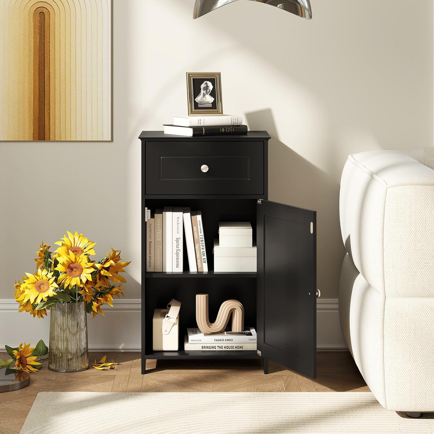 Giantex Floor Bathroom Storage Cabinet - Freestanding Cabinet with Drawer, Door, Adjustable Shelf, Anti-Tipping Device, Storage Organizer for Sofa Side, Bathroom, Living Room, Bedroom, White (Black)