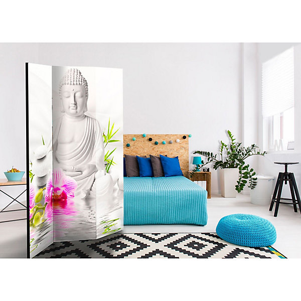 Paravent Zen Bouddha et Orchidées pour Ambiance Sereine 135 x 172 cm Beige et Gris