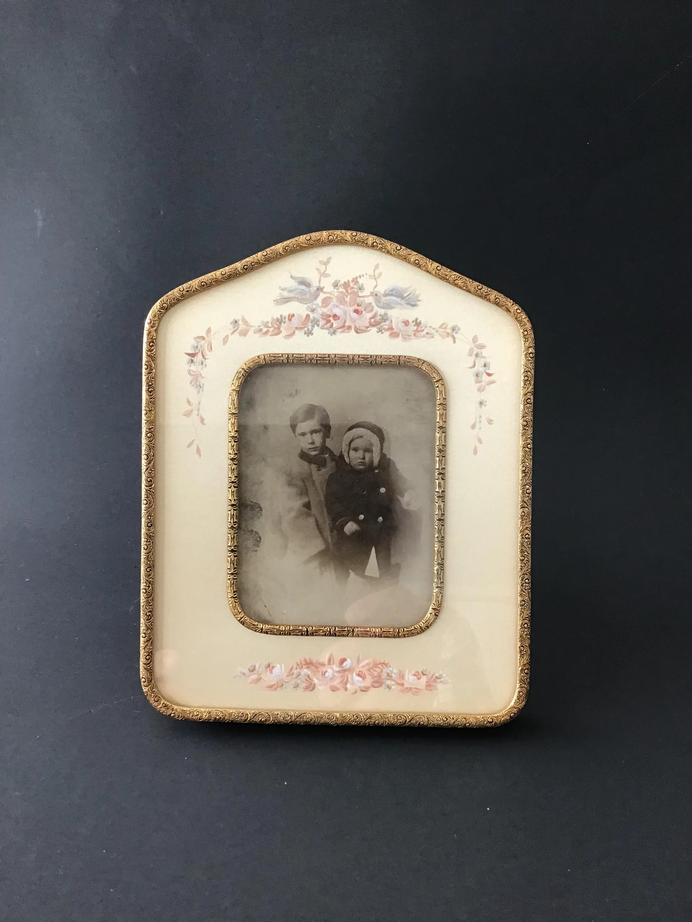 Antique Boudoir French Ormolu Brass Photo Frame c. 1920s, Hand-Painted Silk Mat with Roses and Doves, Velvet Back
