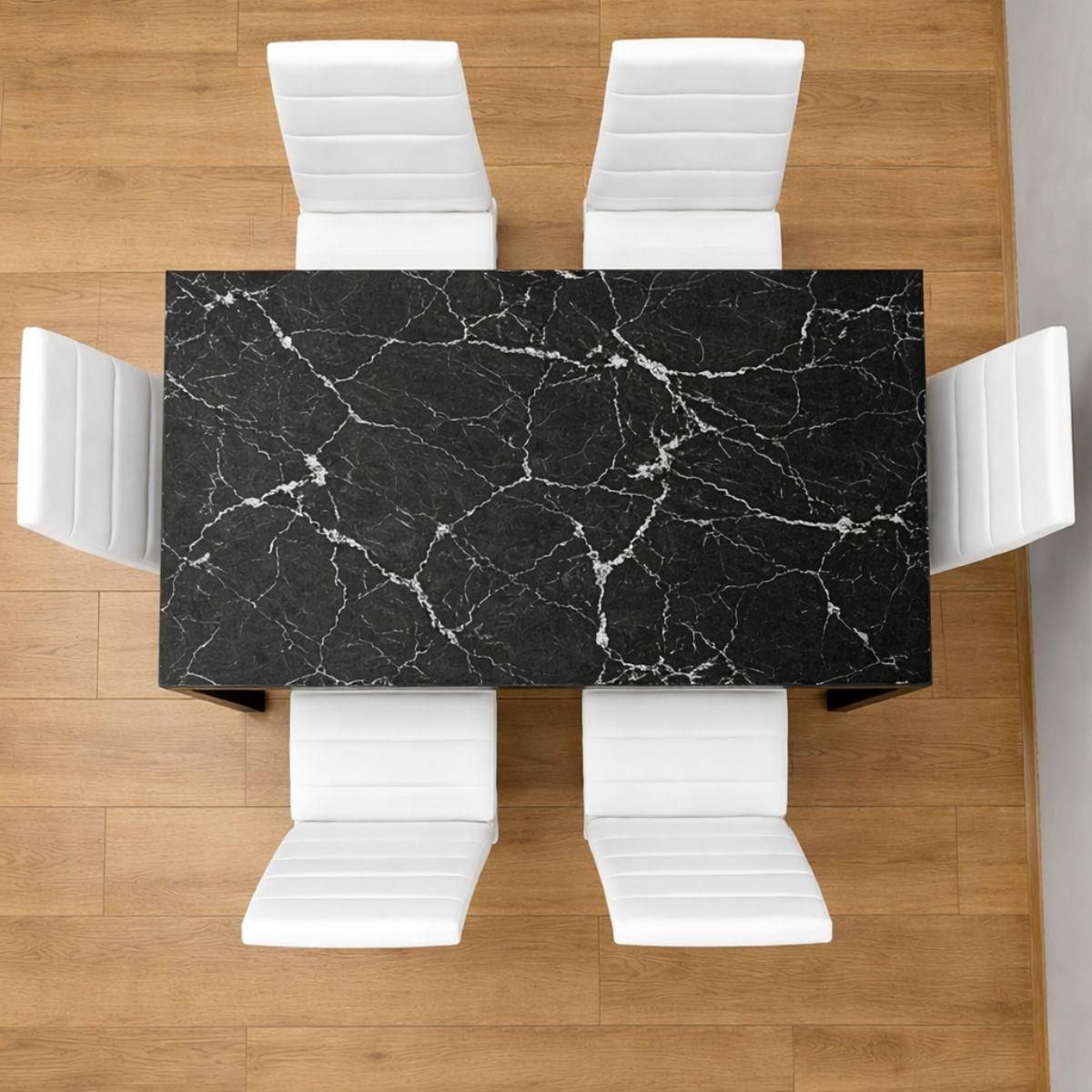 KOSY KOALA Black Marble Effect Dining Table with 6 White Faux Leather Chairs