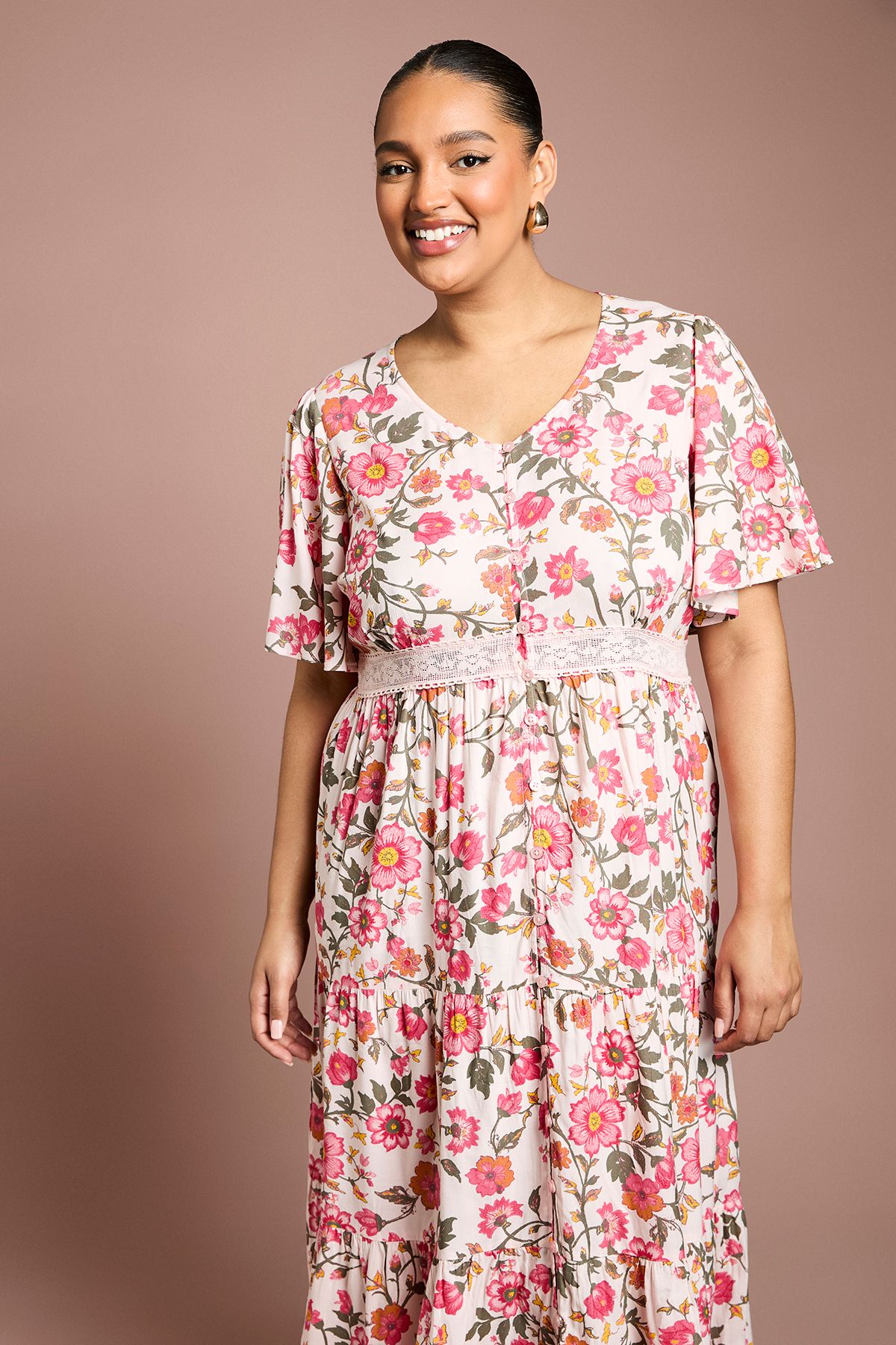 Dorothy Perkins Curve Lace Trim Button Detail Angel Sleeve Printed Midi Dress