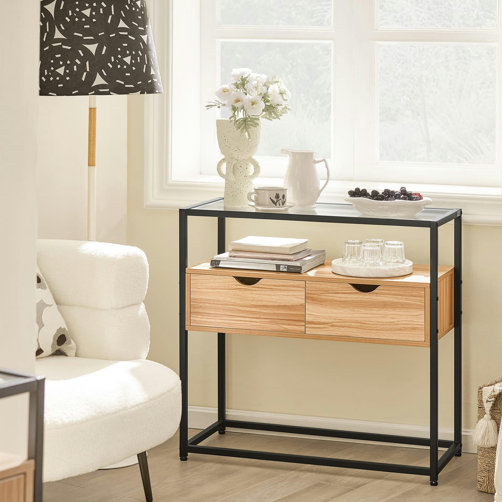 - Table console cadre en métal noir avec 2 tiroirs
