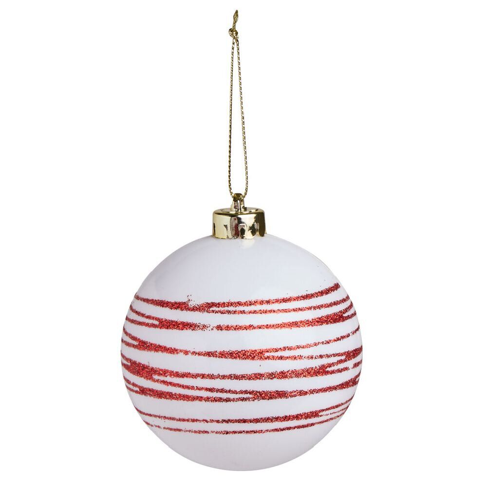 Boule de No&euml;l blanche spirale rouge pailleté Ø8cm
