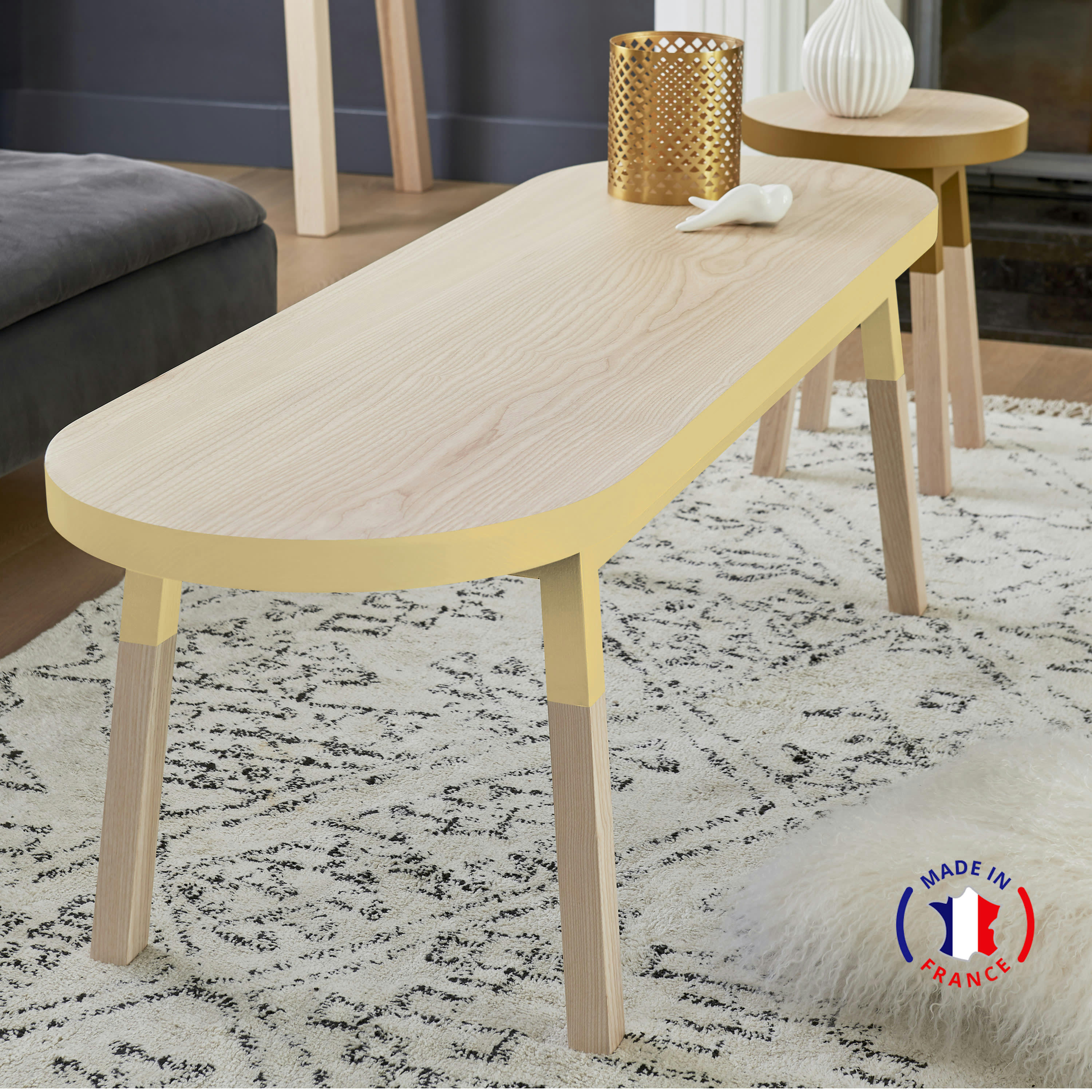 EGEE - Table basse banc 140 cm, 100% frêne massif jaune lunaire