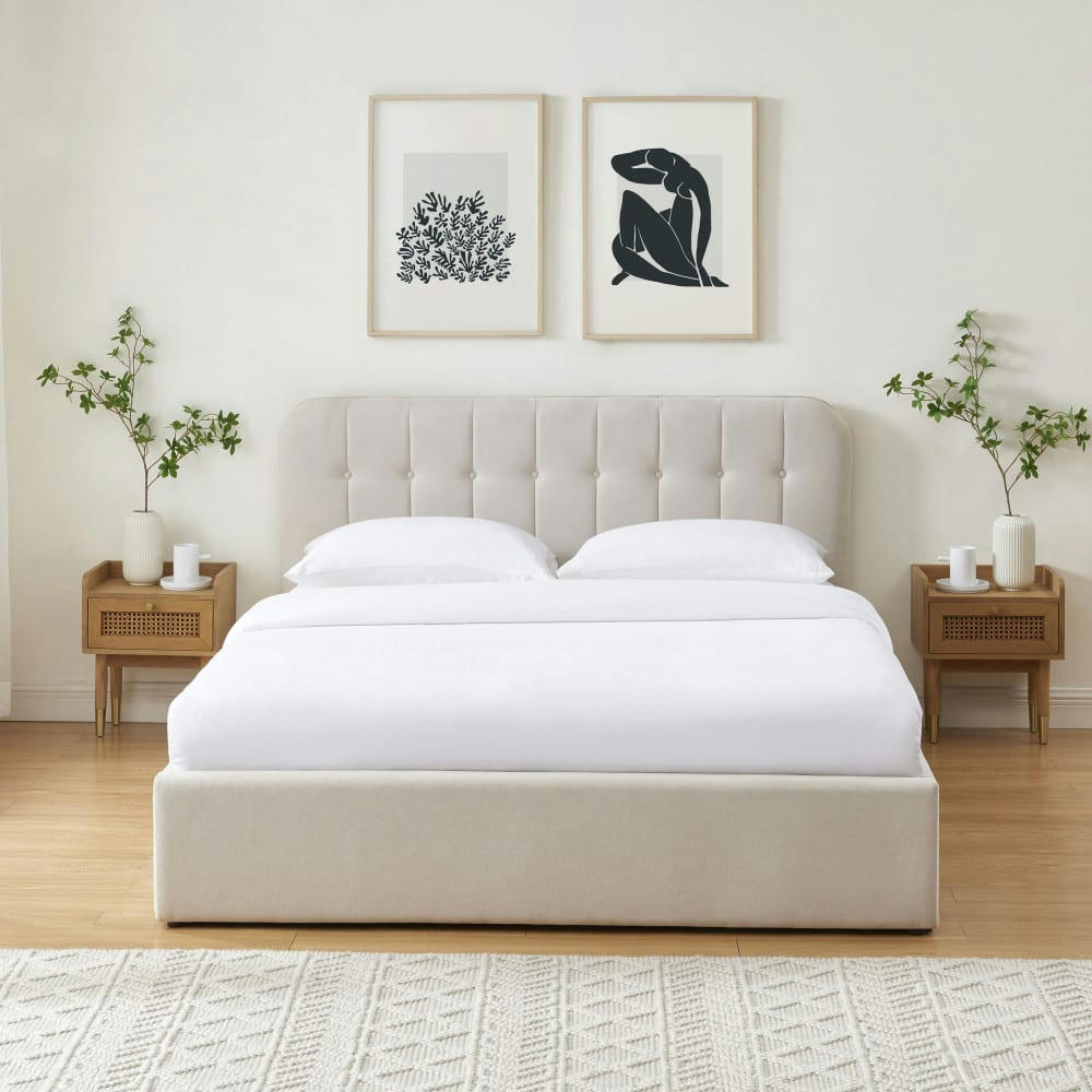 TORGO - Lit coffre matelassé en velours 160x200cm beige