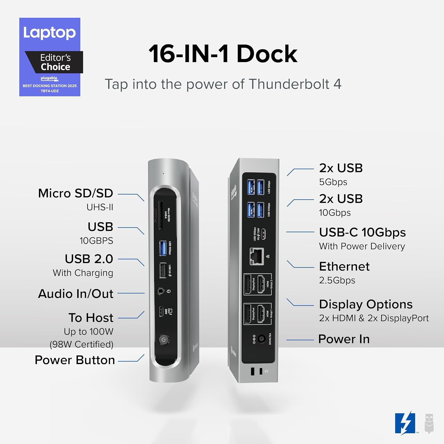 Plugable 16-in-1 Thunderbolt 4 Dock – Dual 4K Monitors for M4/M5 MacBook Air/Pro  100W Charging  2X HDMI  2X DisplayPort  2.5G Ethernet  7X USB  MicroSD/SD Card Reader  Windows & USB4 Compatible