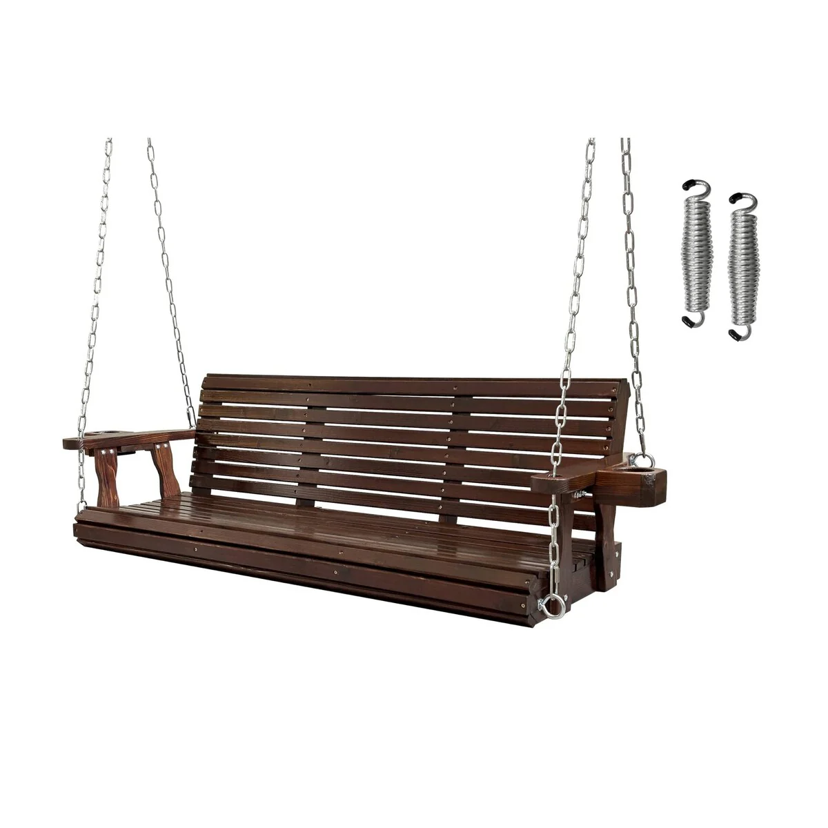 Wooden Porch Swing 3-Seater with Cupholders, Hanging Chains and 7mm Springs, Heavy Duty 800 LBS, for Outdoor Patio Garden Yard