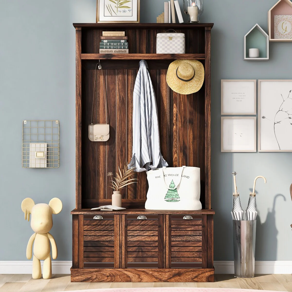 Hall Tree with 3 Hooks , Coat Hanger, Entryway Bench, 3-in-1 Design Storage Bench for Entrance, Hallway