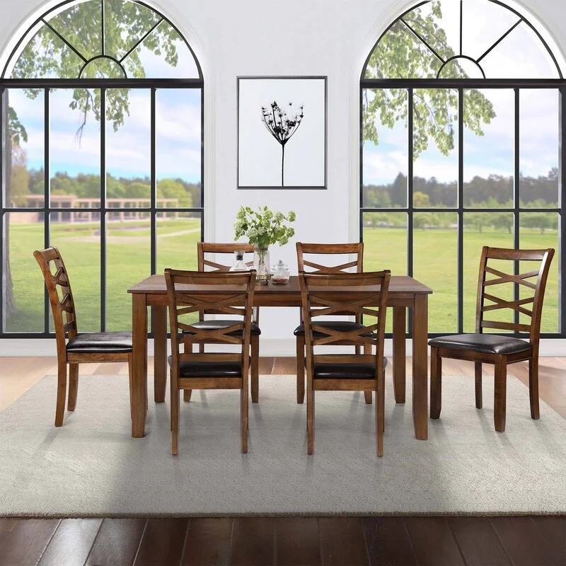 Limited Promotion -Classic Farmhouse Solid Wood/ Faux Leather 7-piece Rectangle Dining Set