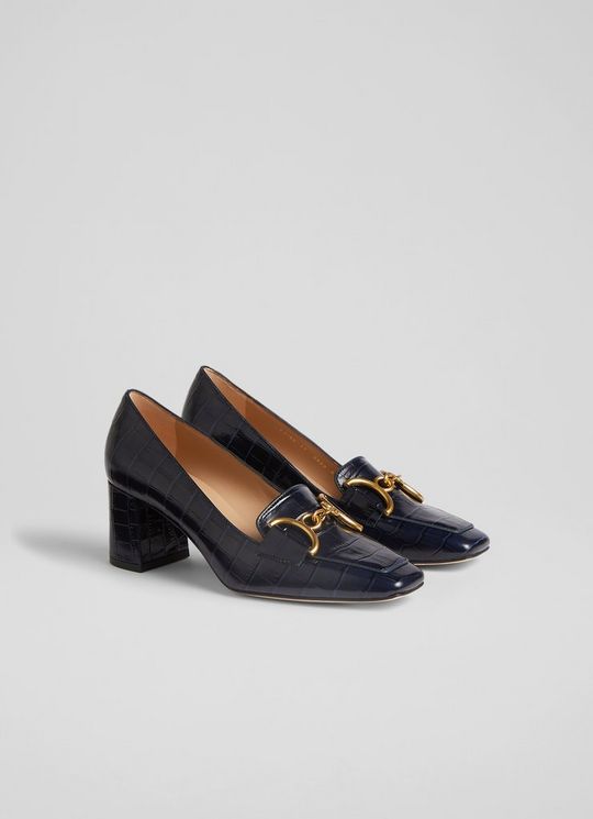 Samantha Navy Croc-Effect Leather Snaffle-Detail Courts