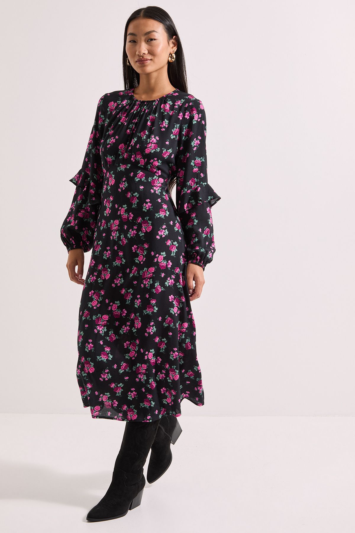Dorothy Perkins Petite Black Floral Ruffle Blouson Sleeve Empire Seam Midi Dress
