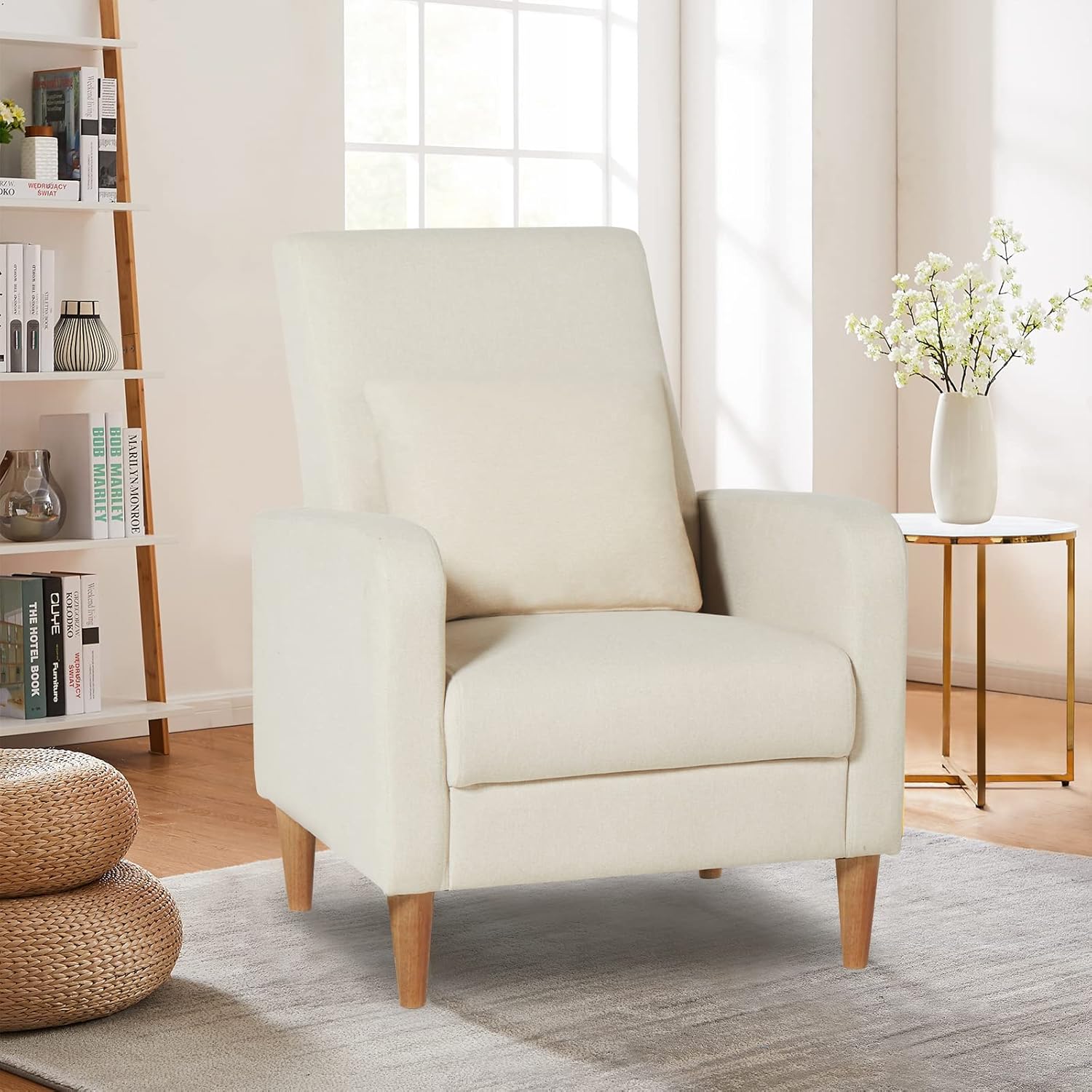 COLAMY Mid-Century Modern Upholstered Accent Chair with Back Pillow & Solid Wood Legs, Fabric Cozy Armchair for Living Room, Bedroom, Reading Nook, Apartment & Small Spaces, Beige