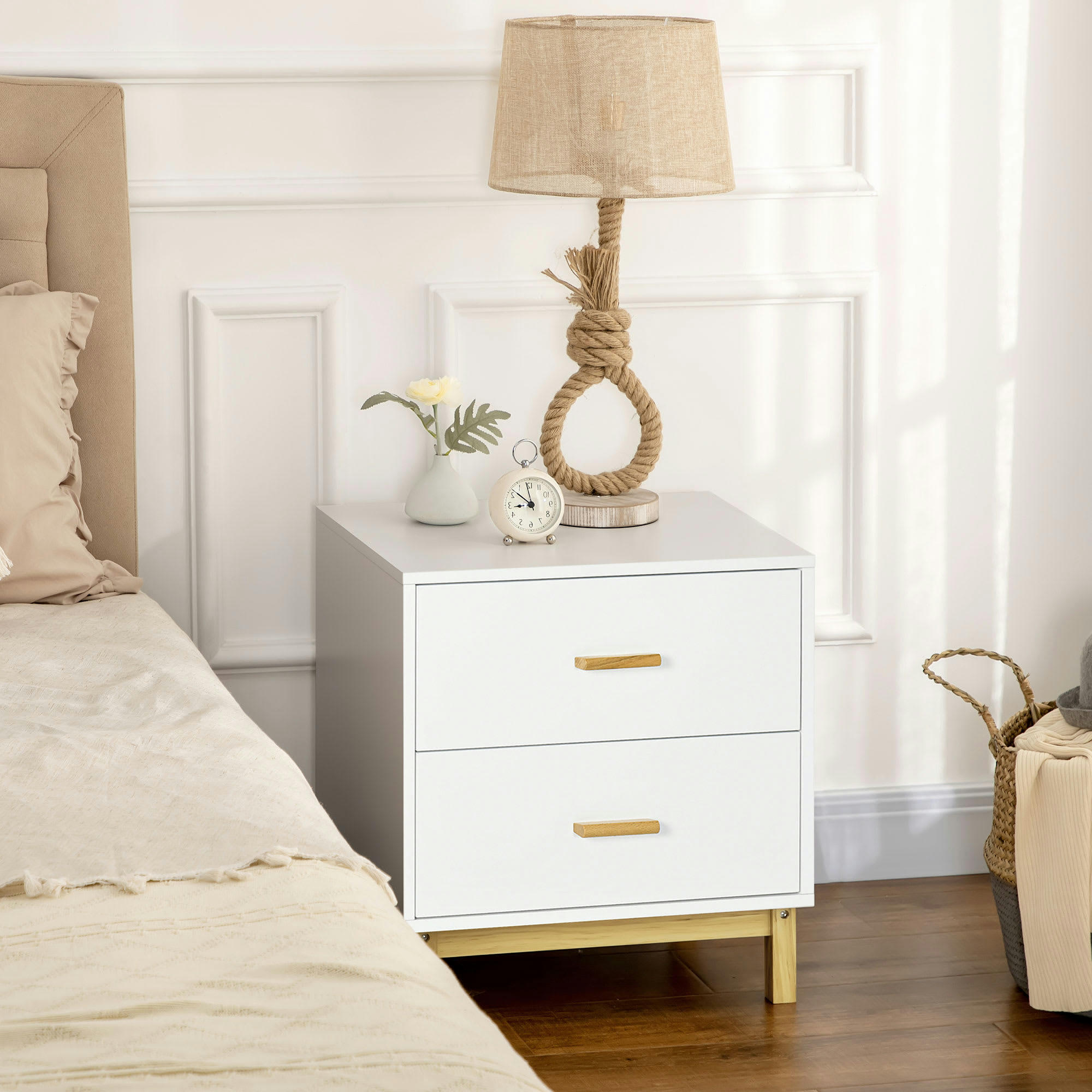 - Table de chevet 2 tiroirs - bois pin bambou MDF blanc