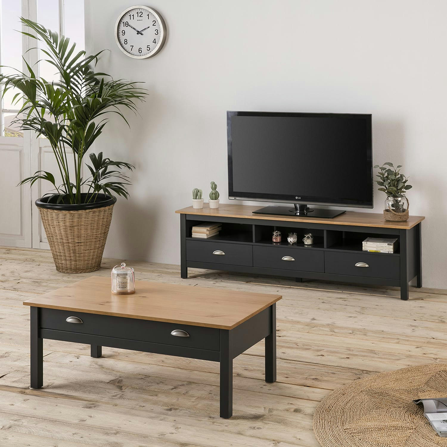 BORA - Meuble tv 3 tiroirs, fabriqué en bois de pin massif, gris anthracite