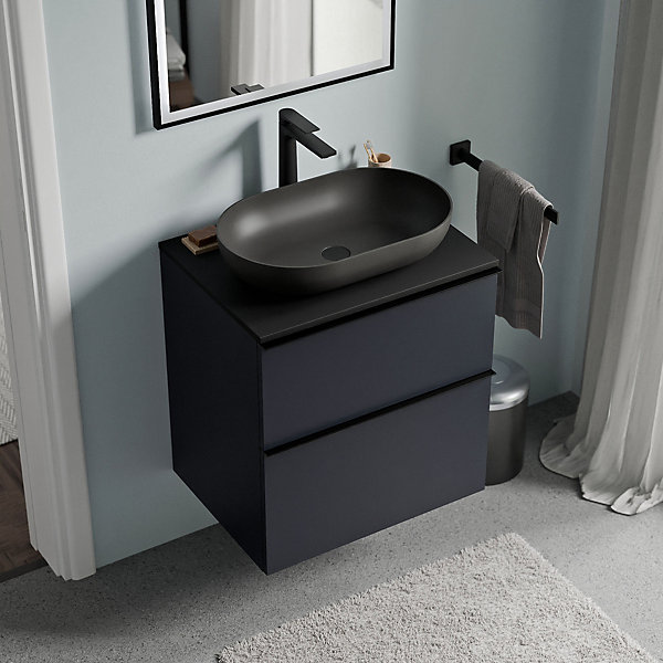 Meuble sous vasque suspendu MDF Bleu nuit mat, plan vasque Noir mat, poignée Chrome - 60x46x62cm - LAVOA