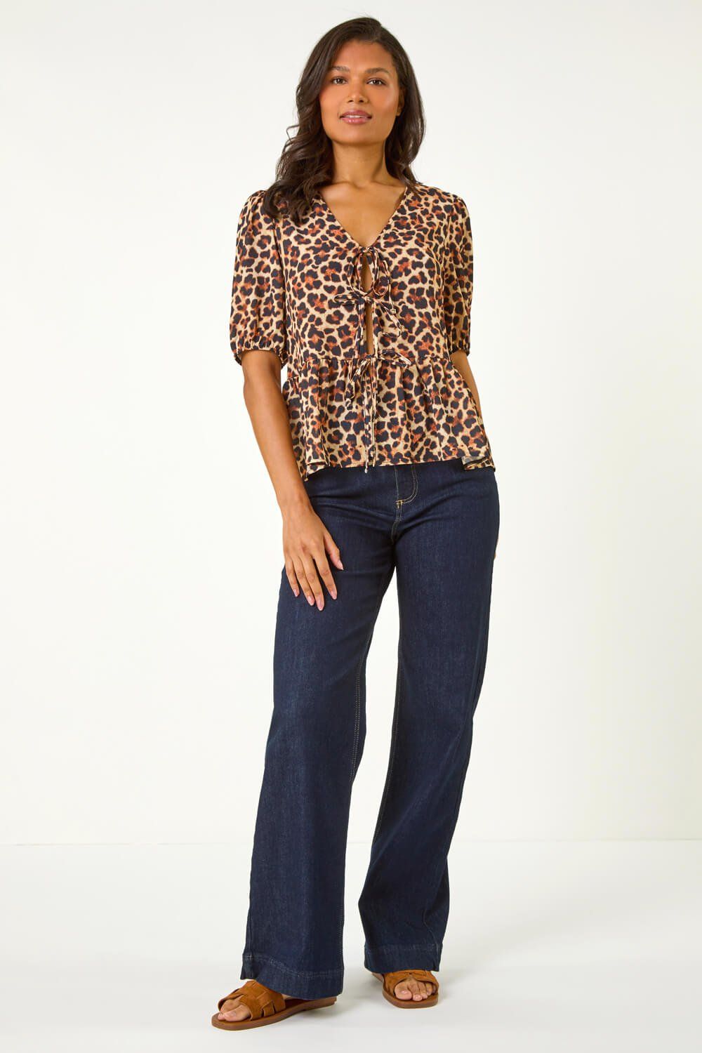 Roman Animal Print Tie Front Woven Top