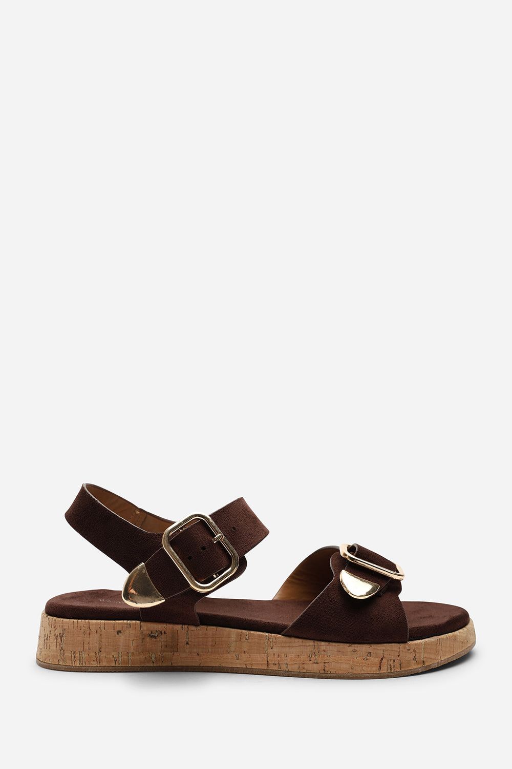 Where's That From Iridia Double Buckle Dark Brown Suede Low Wedge Sandal