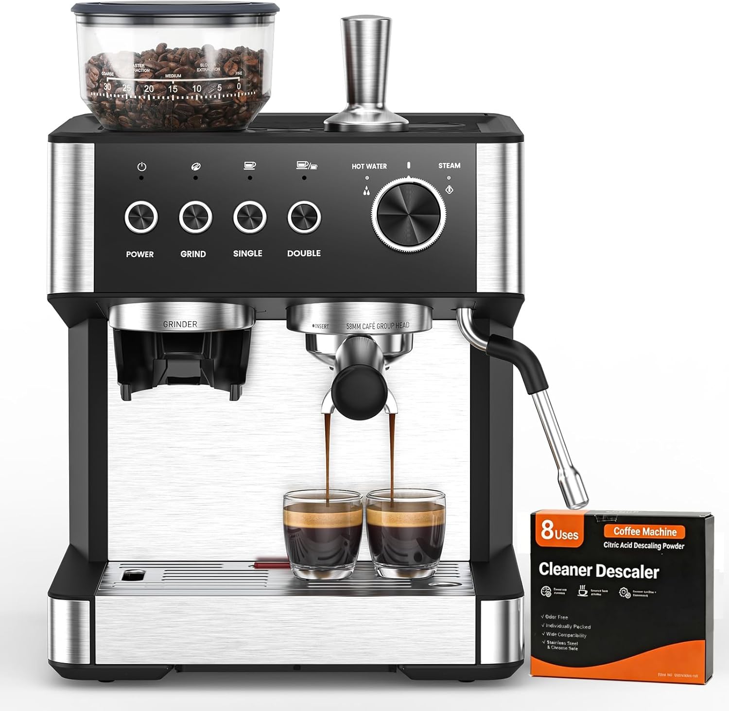 (2026 Upgrade) Espresso Machine with Grinder, 15 Bar Expresso Coffee Machines, Professional Coffee Maker for Latte&Cappuccino with Milk Frother, Expresso Machines for Home Descaling Kit Included Black