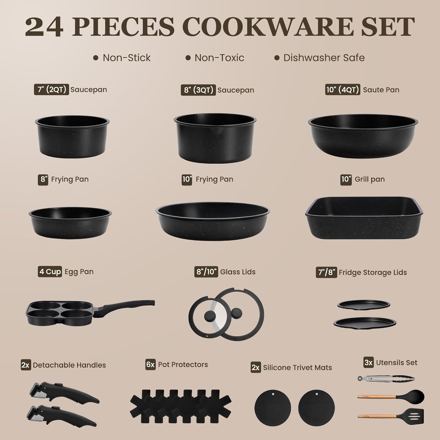 KIKCOIN Nonstick Pots and Pans Set 24 Pack - Kitchen Cookware Set with Detachable/Removable Handle - Cooking Pans Set with Frying Pans, Egg Pan - Stackable, Oven Safe, Induction Ready