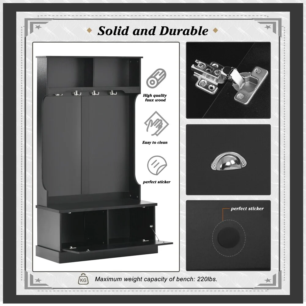 3-in-1 Black 4-hook Coat Hanger Hall Tree Storage Bench - 40“L x 18.5”W x 72”H