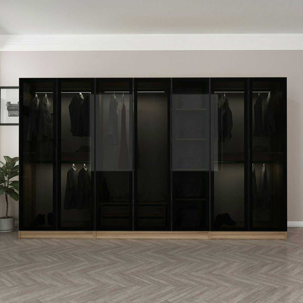 Dressing design 7 portes verre noir & cadre effet noyer BYRON