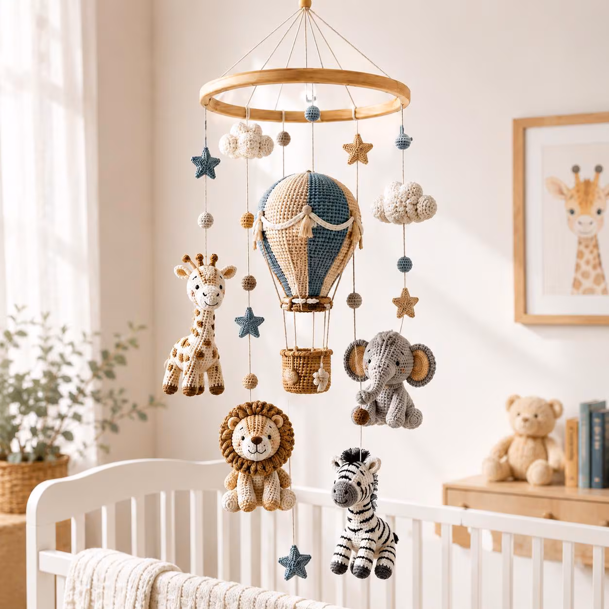 Safari Crochet Baby Mobile, Hot Air Balloon Crib Mobile with Lion Giraffe Zebra Elephant, Jungle Nursery Decor Gift