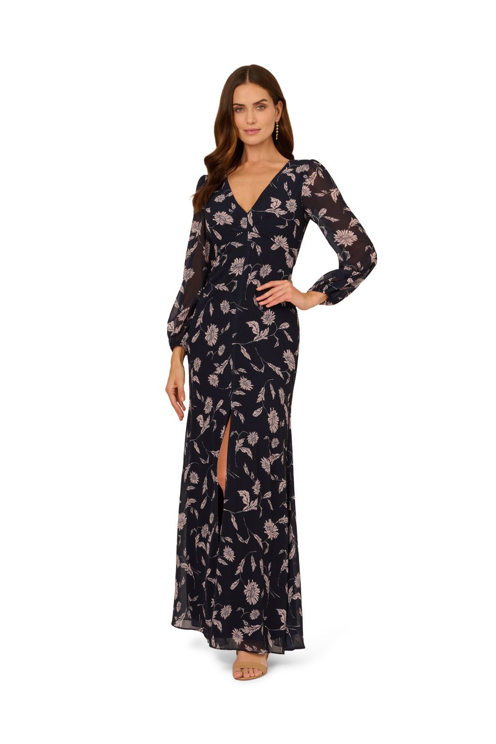 Adrianna Papell Print Chiffon Long Dress