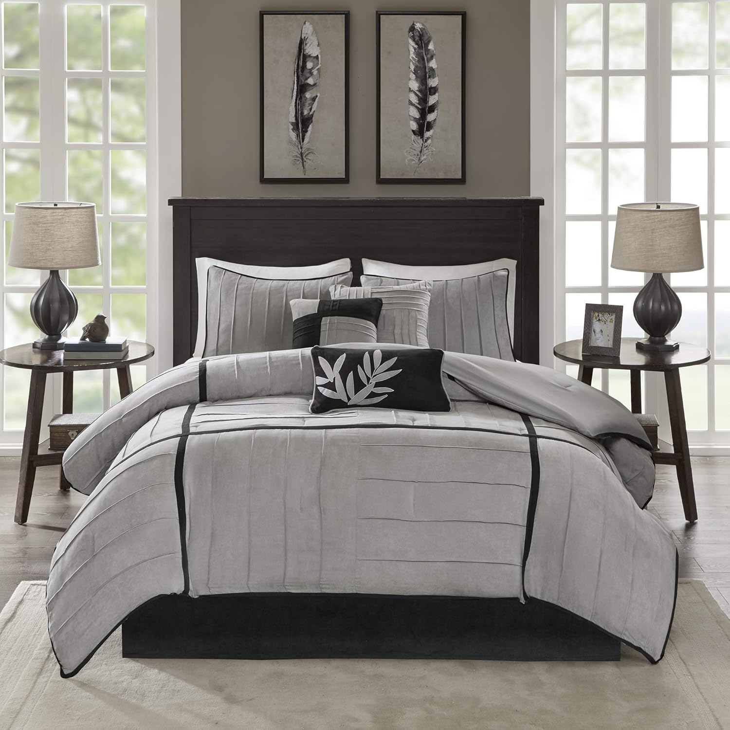 Madison Park Cozy Comforter Set Casual Blocks Design All Season, Matching Bed Skirt, Decorative Pillows, King(104x92), Dune Suede, Black Grey, 7 Piece