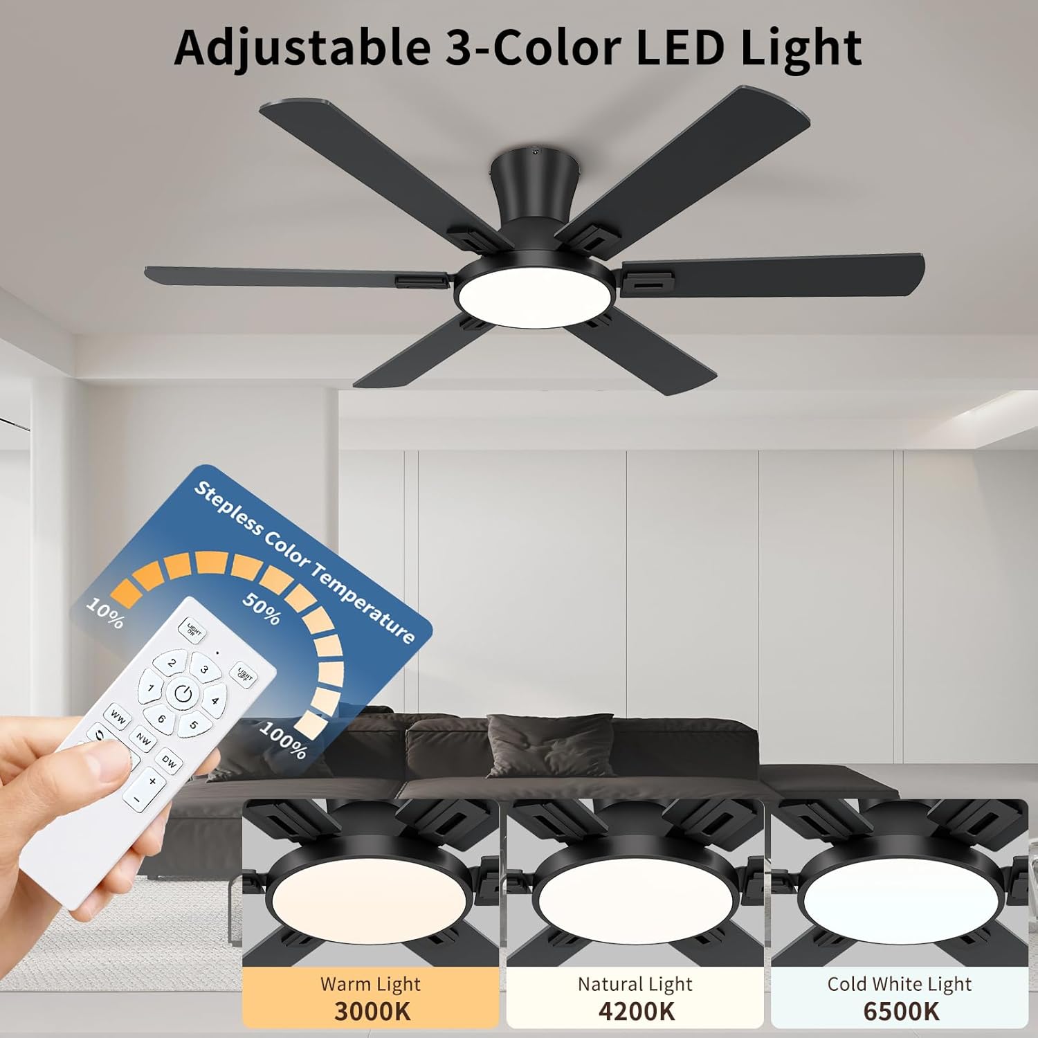 52 Inch Black Ceiling Fan with Lights and Remote, Flush Mount Low Profile 6 Blades with 10 Inch Lighting Fixture, Quiet Reversible DC Motor for Living Room, Bedroom and Patio