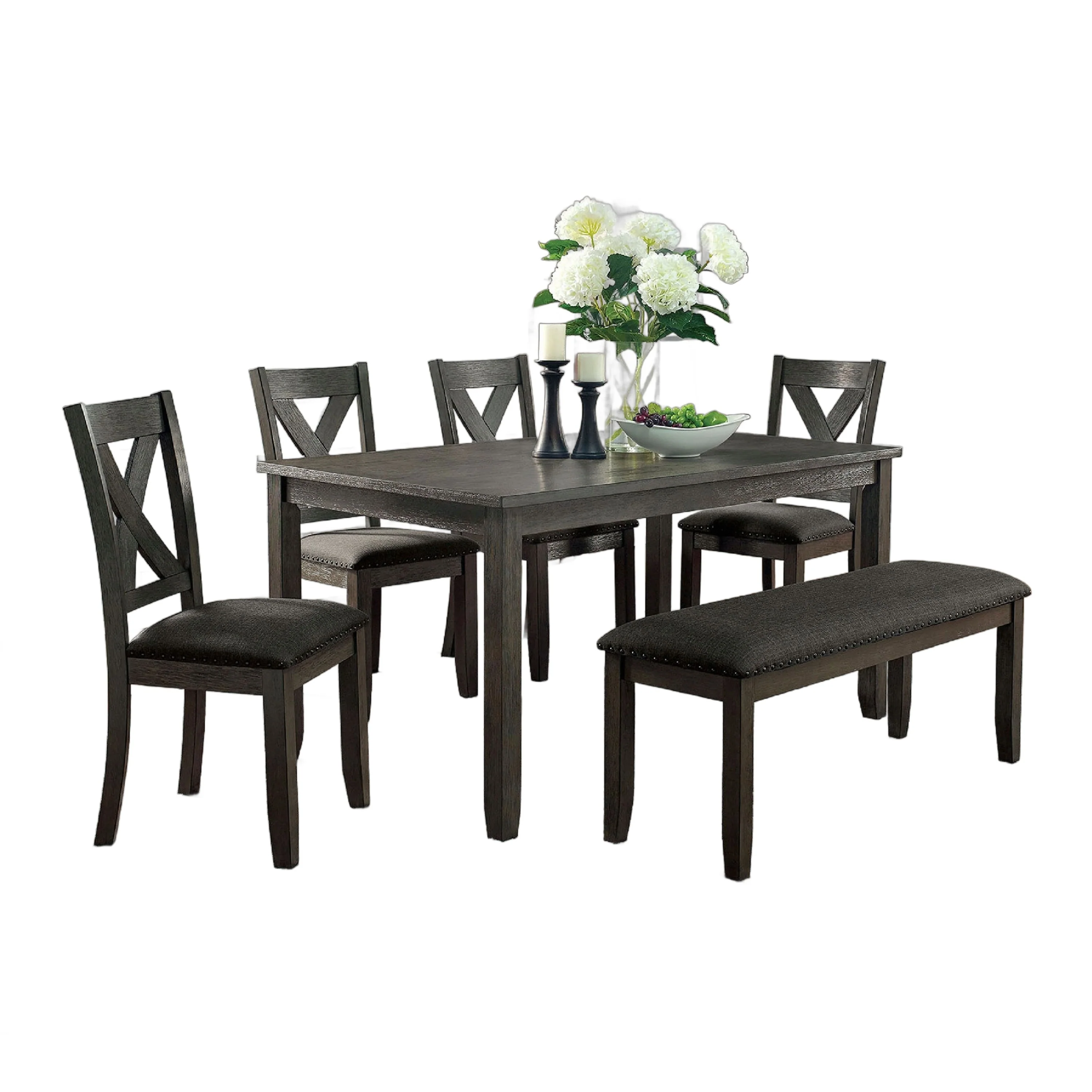 Garie 6pc Dining Table Set with Bench, 4 X-Cross Back Chair, Gray Wood