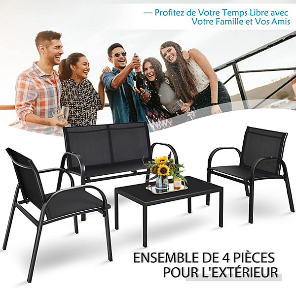 Ensemble de 4 Pieces en Tissu Ensemble de Conversation en Coupe Accoudoir Lisse Capacite de Charge Totale 390KG Noir