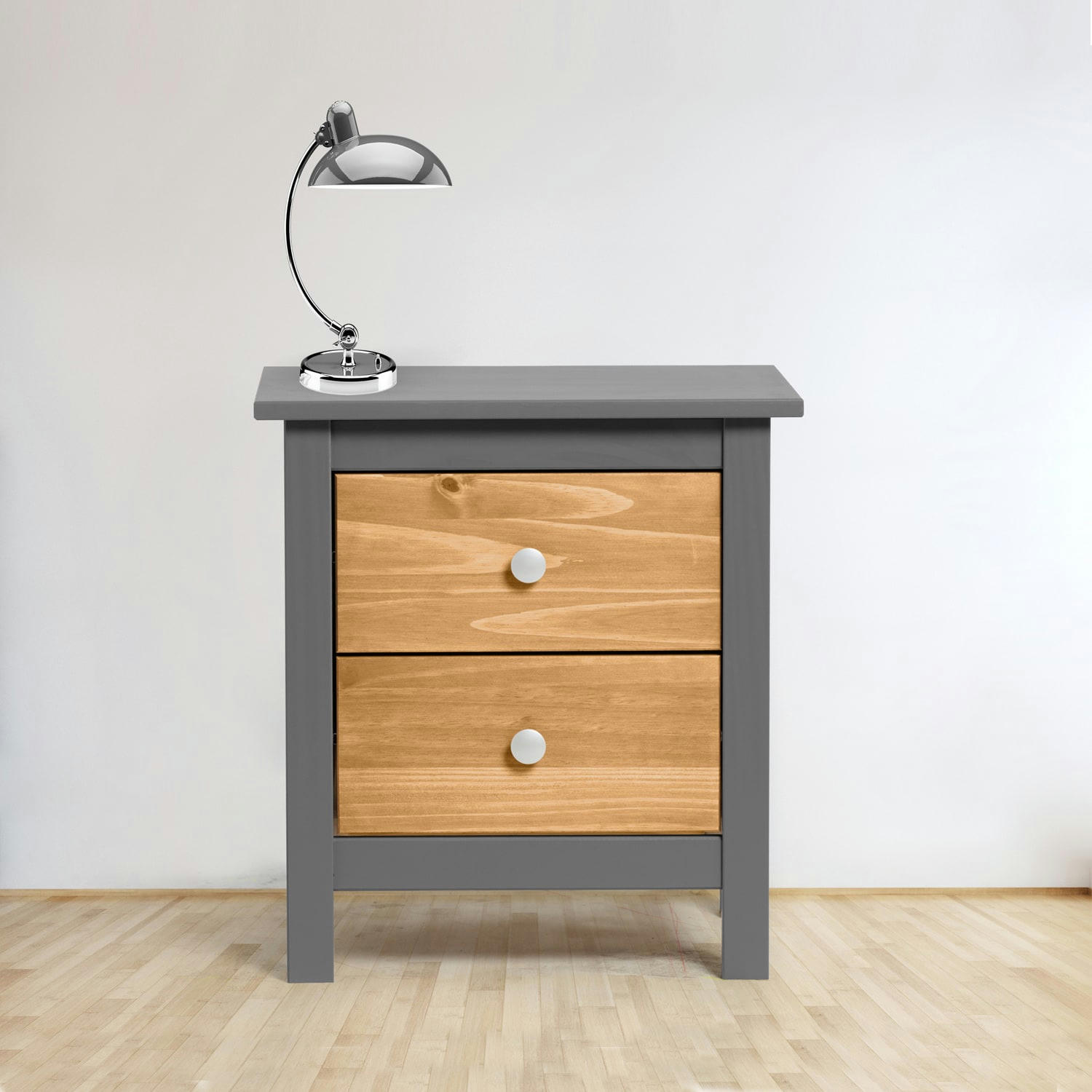 BONNIE - Table de chevet gris 2 tiroirs, fabriqué en bois de pin massif