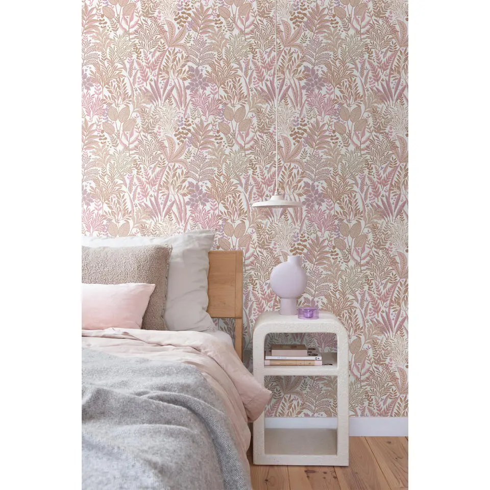 ESTAhome behang tropische bladeren en bloemen roze en paars - 50 x 900 cm