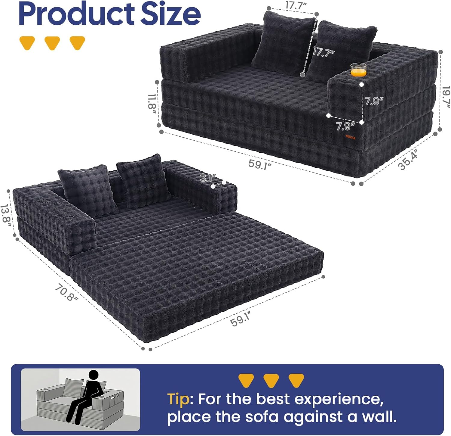 COMAX Futon Sofa Bed, 4‑in‑1 Convertible Sofa Bed, Folding Boneless Couches for Living Room, Fold Out Small Foldable Loveseat Floor Sleeper Comfy Mattress Lounge Space‑Saving, Ash Gray