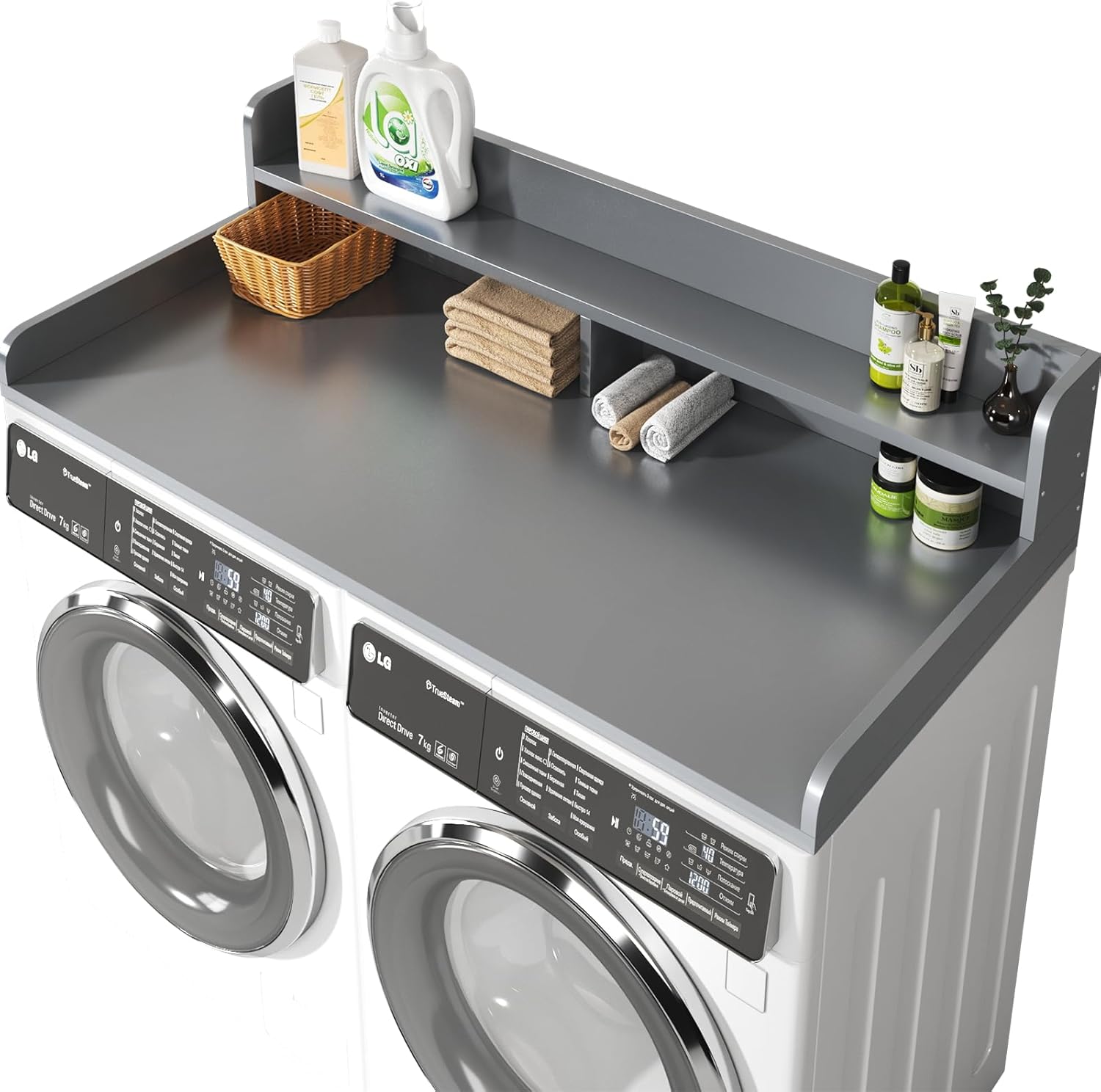 2-Tier Washer and Dryer Countertop with 2.75 H Guard,54 W x 27.5 D Laundry Countertop Cover with Non-Slip Pad,Large Space Laundry Topper for Folding Clothes Over Washer and Dryer-Gray
