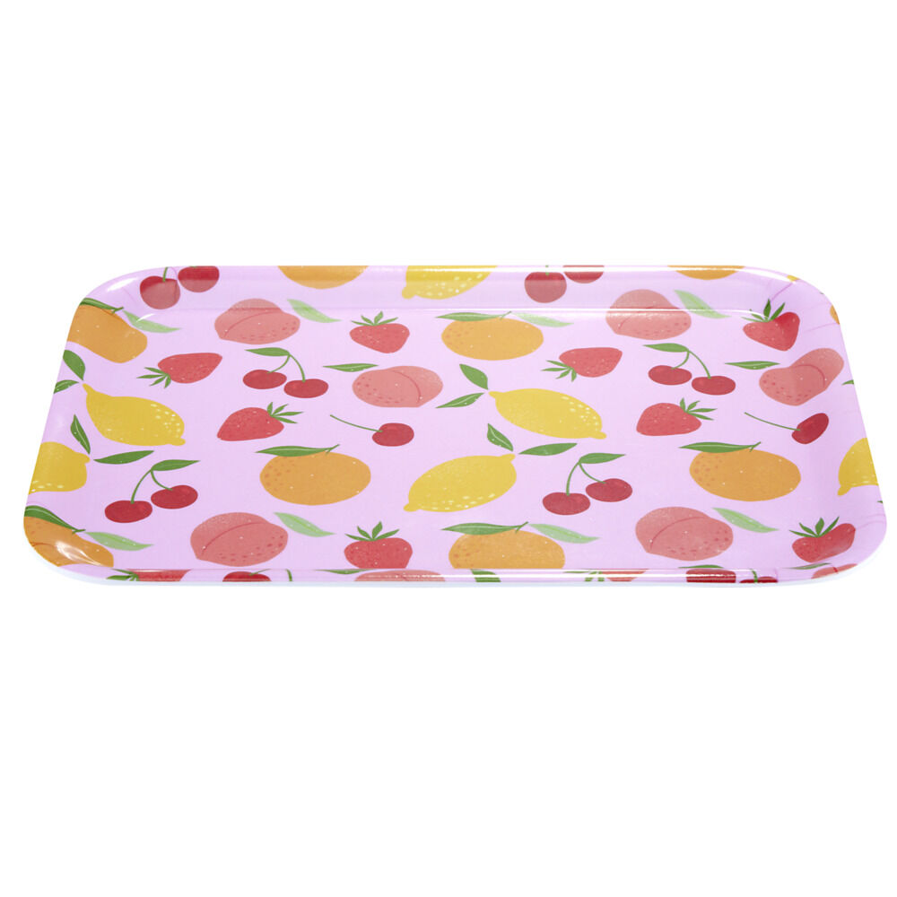 Plateau en mélaminé rose motifs fruits 29x22xH1,5cm
