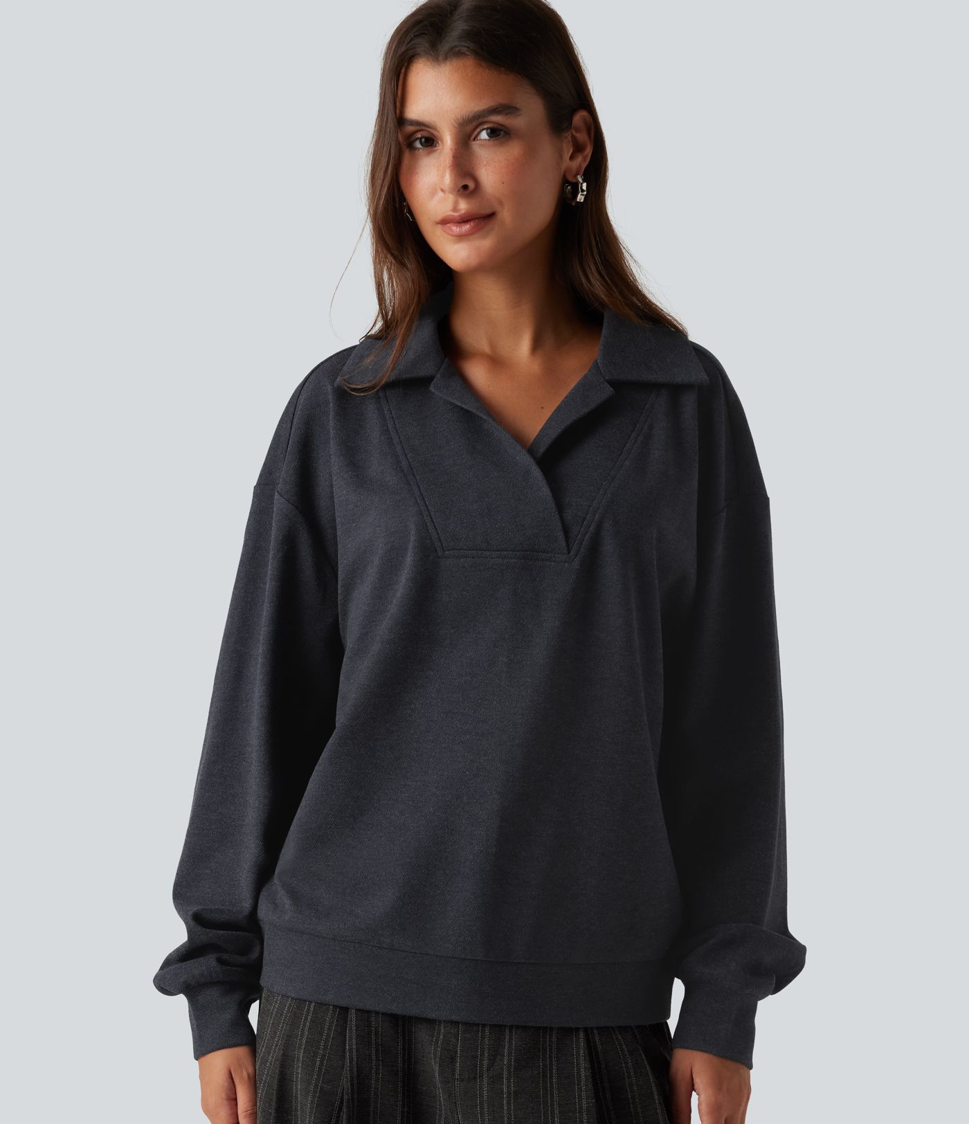 Sweat-shirt à col V, épaules tombantes et manches longues