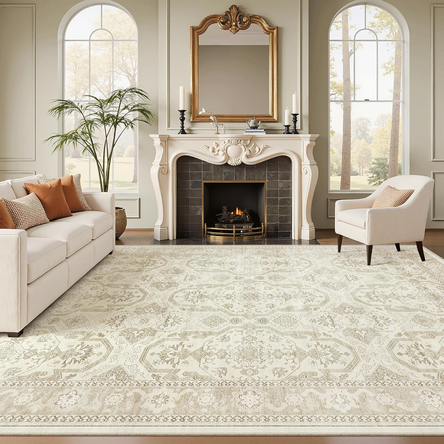 Soalmost 9x12 Area Rugs for Living Room, Non Slip Machine Washable Vintage Rugs, Low Pile Lightweight Large Rug for Bedroom, Dining Room, Home Office Beige/Brown