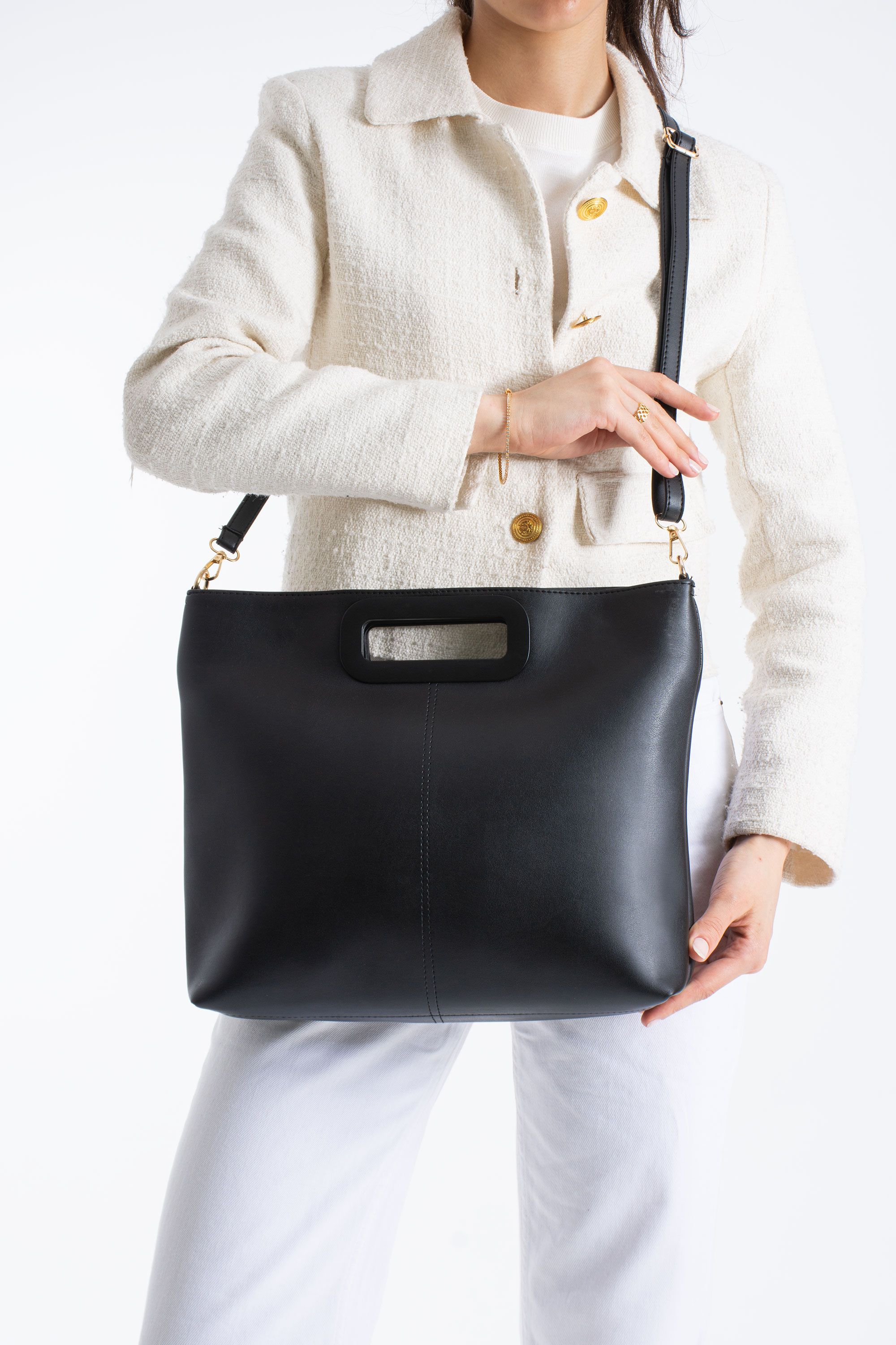 Belissh Handle Detail Pu Leather Large Handbag with Detachable Strap