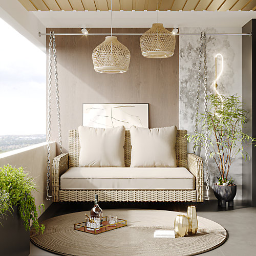 Balancelle de jardin 2 places avec coussins - Fauteuil suspendu en résine tressée - Beige