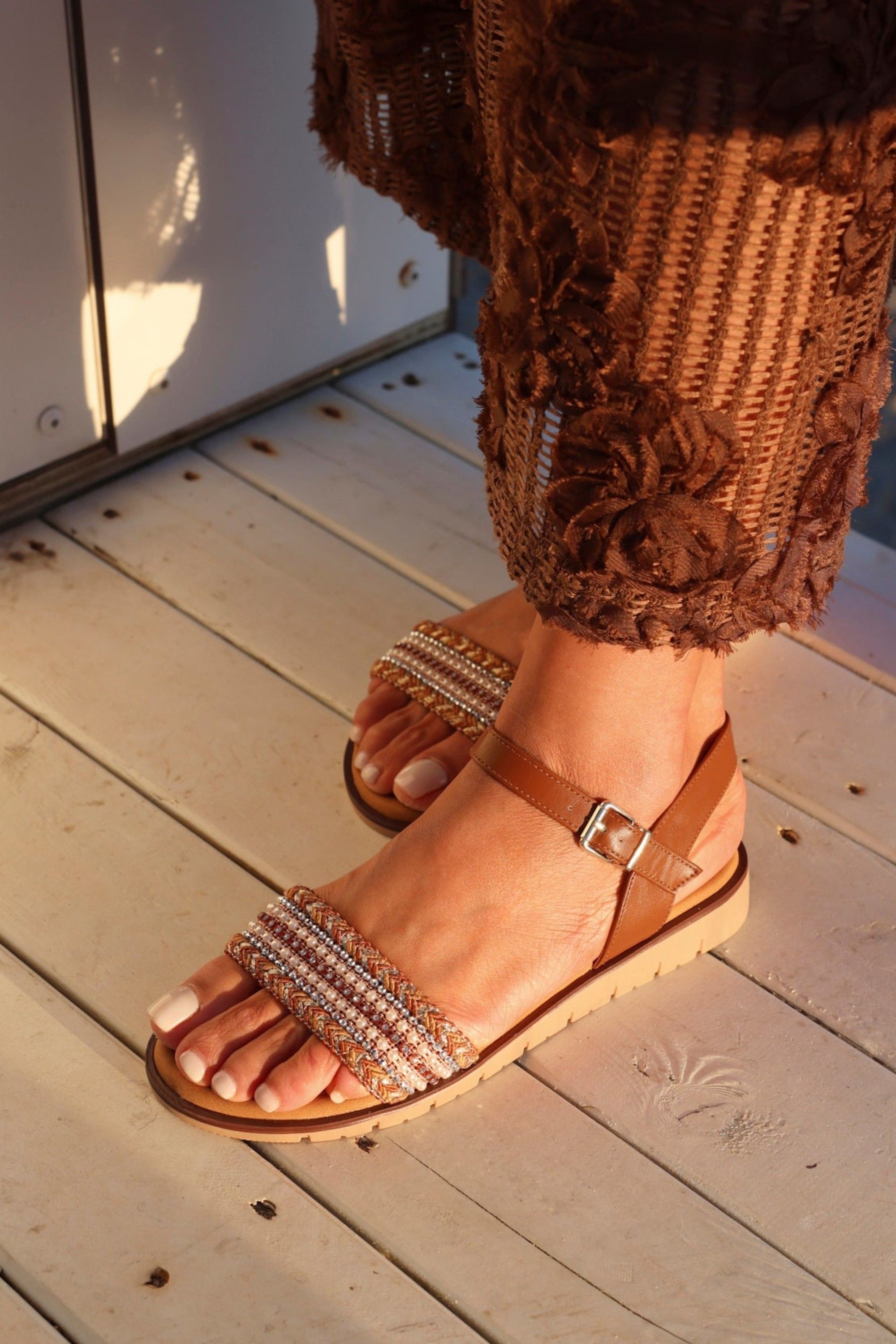 Linzi Halo Tan Embellished Sandals