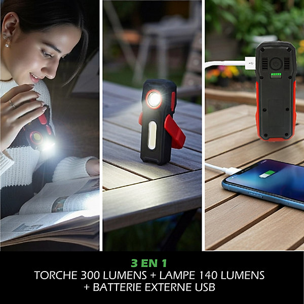 Lampe Torche LED Multifonctions Rechargeable USB Batterie Externe Smartphone 300lm et 140lm Aimant pour fixation
