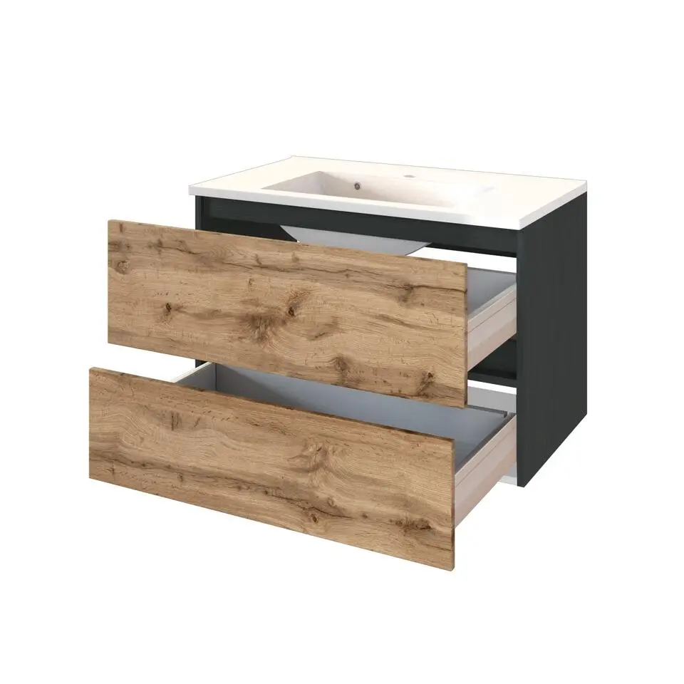 Wastafelmeubel Luna 80cm 2 lades - grafiet/eik