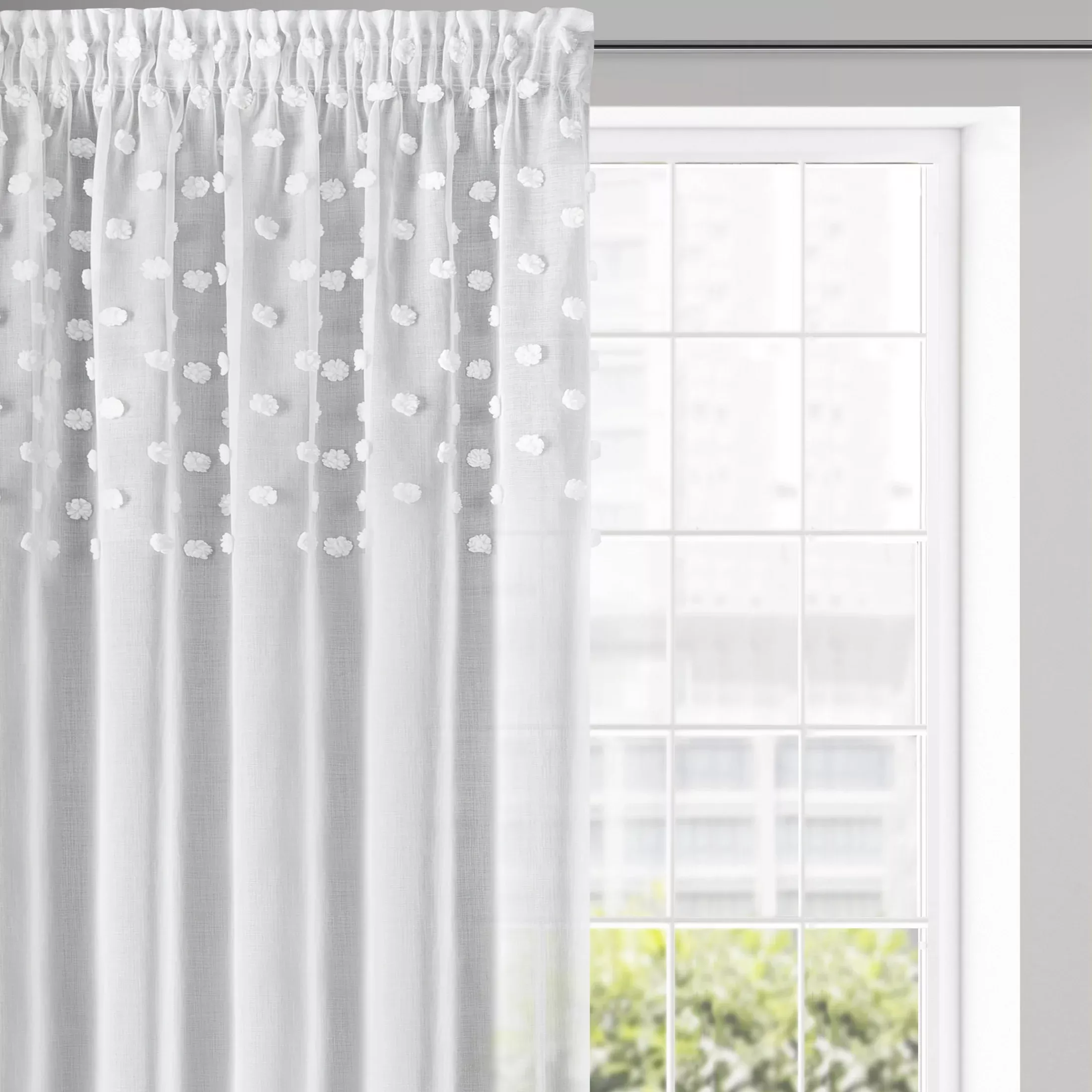 DESIGN 91 Zasłona STELLA zdobiona w górnej części trójwymiarowymi groszkami, półtransparentna