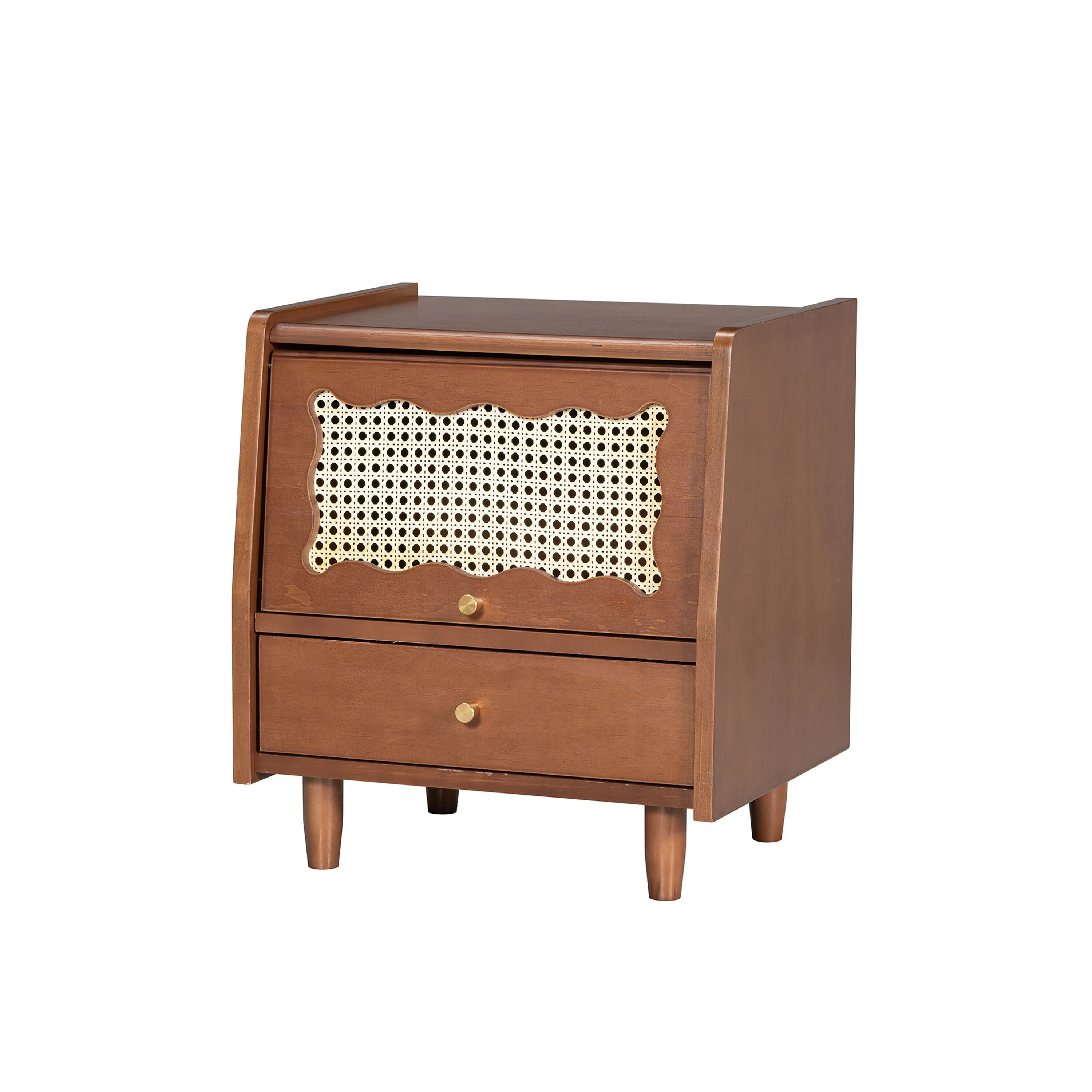 Wooden Nightstand With Rattan-Woven Storage Cabinet And 1 Drawer