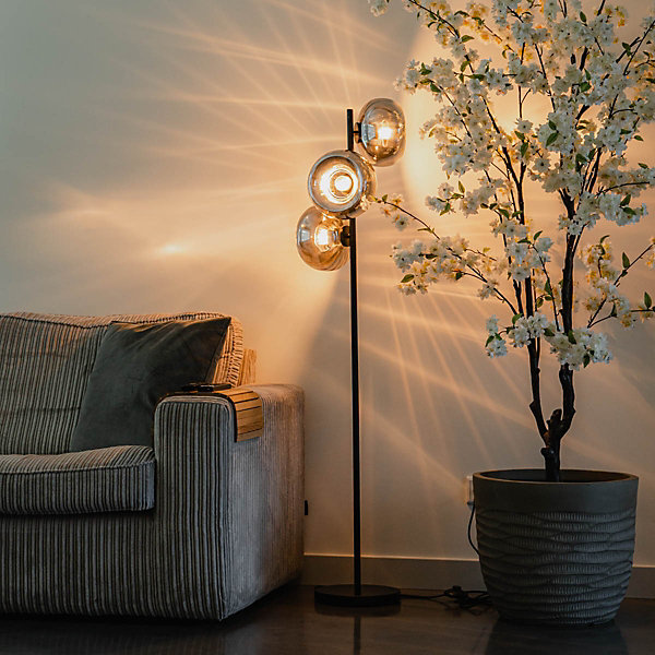 Lampadaire Art Déco noir avec verre fumé 3 lumières - Ayesha