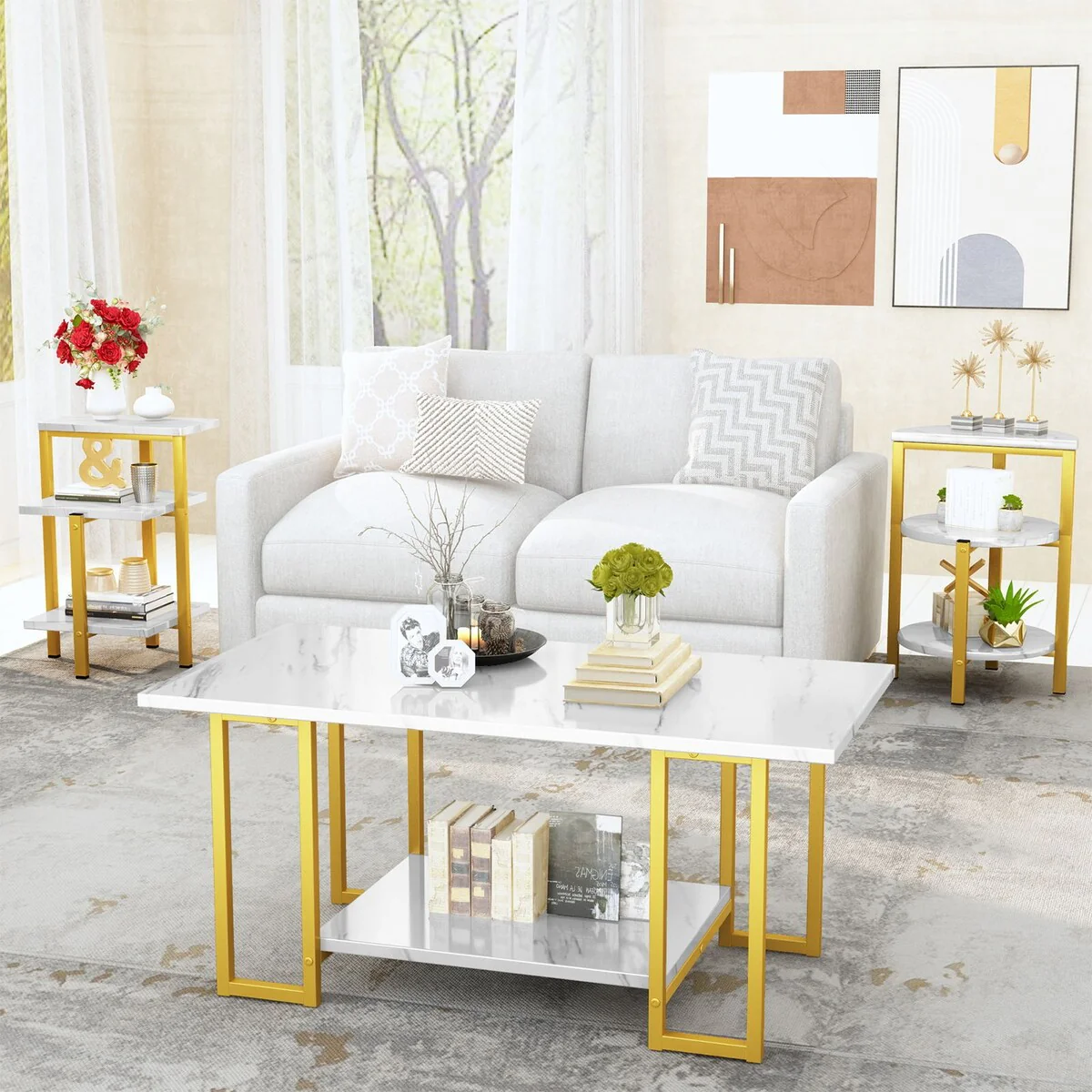 Coffee Table Set of 3, 3-Piece Table Set, Coffee Table and 2 End Tables, Living Room Table Sets