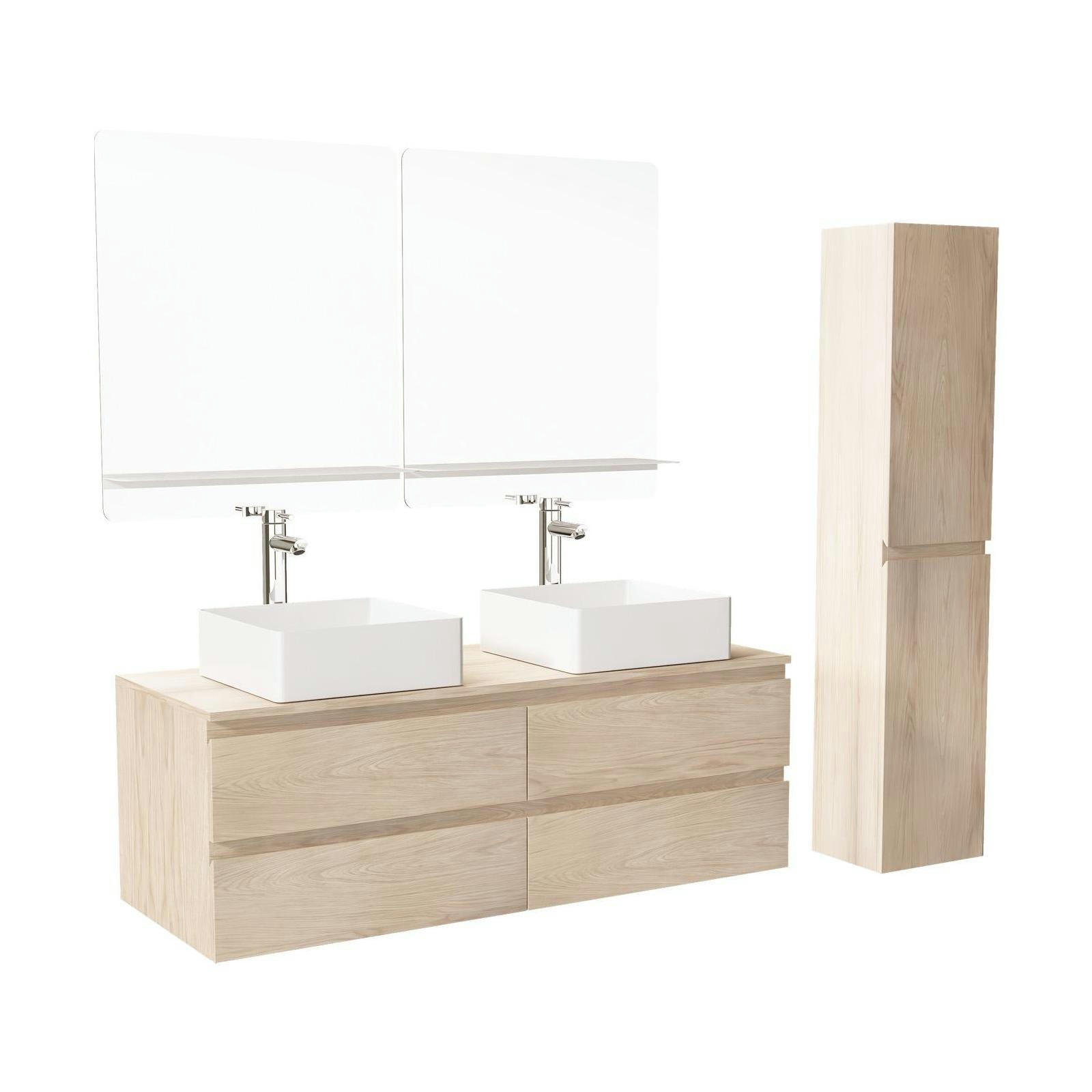 SORRENTO - Meuble double vasque 120cm avec plan bois  chêne +vasque+rob+miroir+co